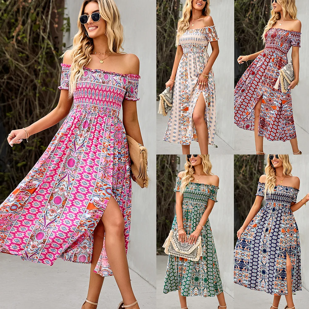 

Women's Dresses 2022 Summer New One-Shoulder Boho Slit Dress Party Dresses Women's Birthday Dresses