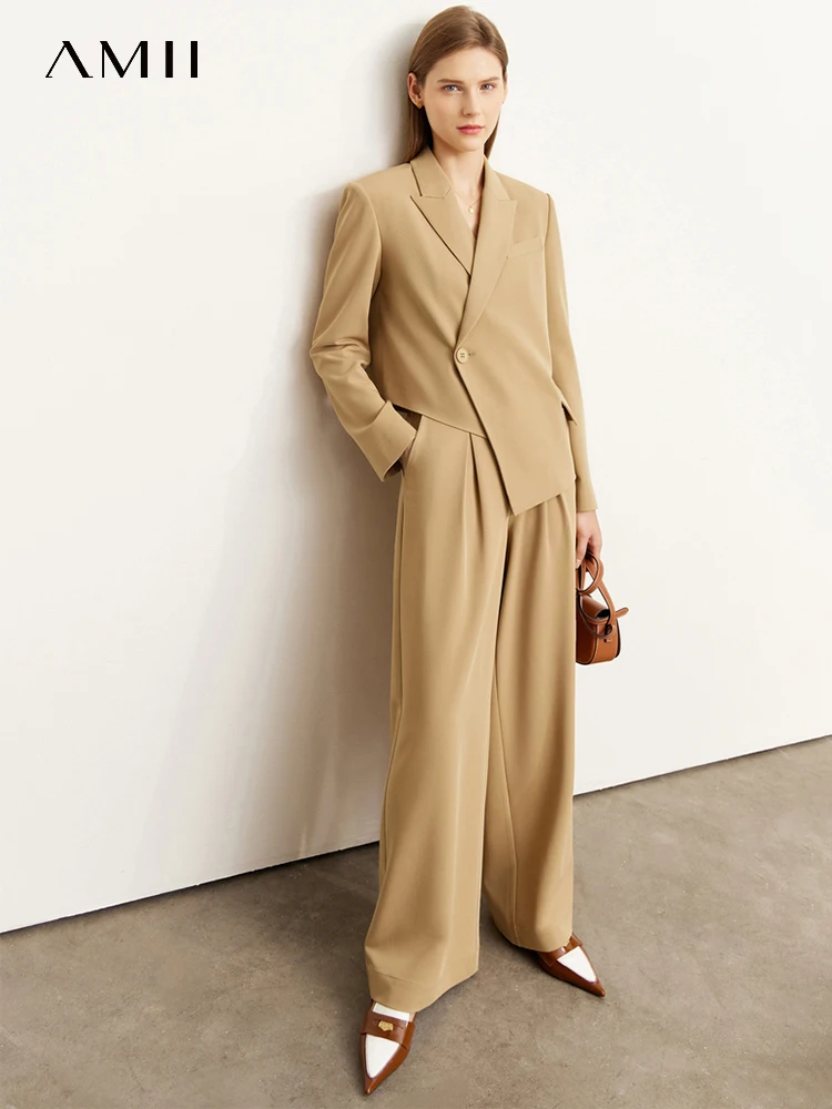 AMII Minimalism Suit for Women 2022 New Office Lady Asymmetrical Design Blazer High Street Casual Wide Leg Pants Female 12270425
