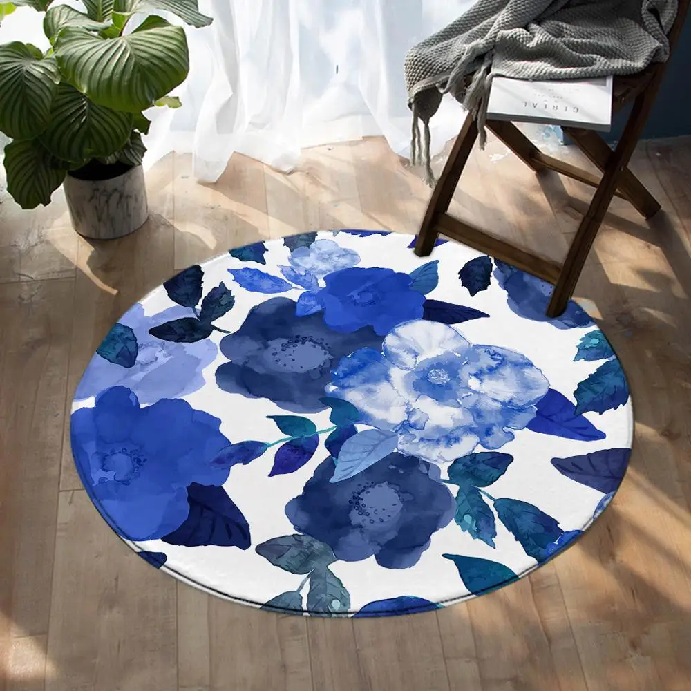

Flowers Bedroom Carpets Watercolor Art Round Area Rug for Living Room Leaf Floor Rug Blue Soft Play Mat