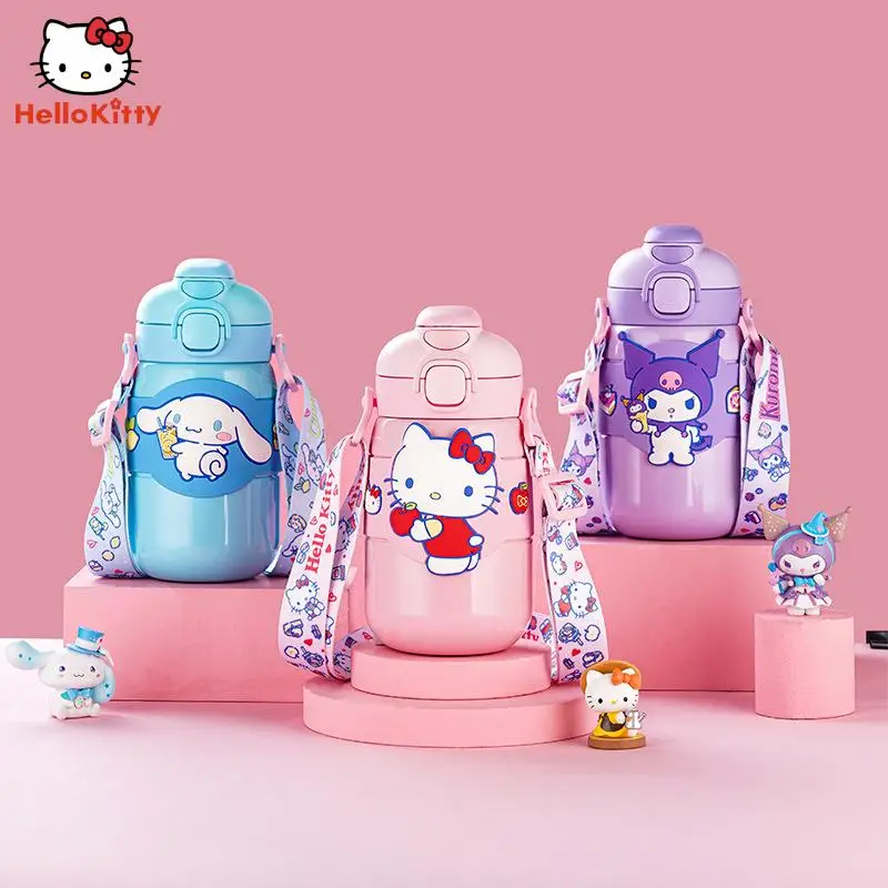 

450Ml Sanrioed Anime Hellokittys Kuromi Cinnamoroll Thermos Cup Kawaii 316 Stainless Steel Straw Cup Girl Portable Leak Proof