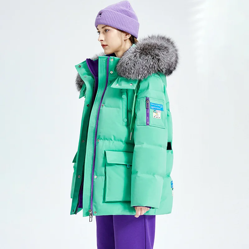 2022 Winter New Women Hooded Down Jacket Design Sense Printing Large Pockets Plus Velvet Warm High-quality White Duck Down Coats