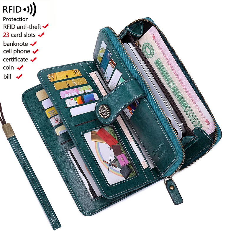 

Женский большой кошелек с отделением для монет, кожаные кошельки с защитой от кражи для женщин, длинный Дамский клатч на молнии, женские кош...