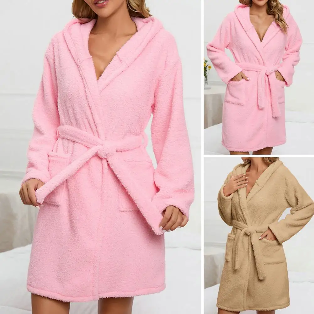 

Women Winter Warm Hooded Double Sided Fleece Short Bathrobe Long Sleeve Pockets Belt Solid Color Plush Nightgown Home Wear Robes