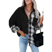 2022 autumn and winter new plaid shirt womens long sleeved loose pocket shirt office lady polo neck blouse women