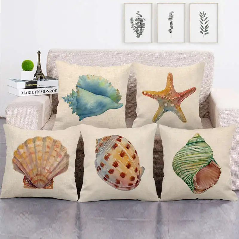 

Home Decor Cushion Cover 45x45cm Ocean Style Sofa Seat Decoration Throw Pillowcase Conch Shell Printed Square Linen Pillow Cover