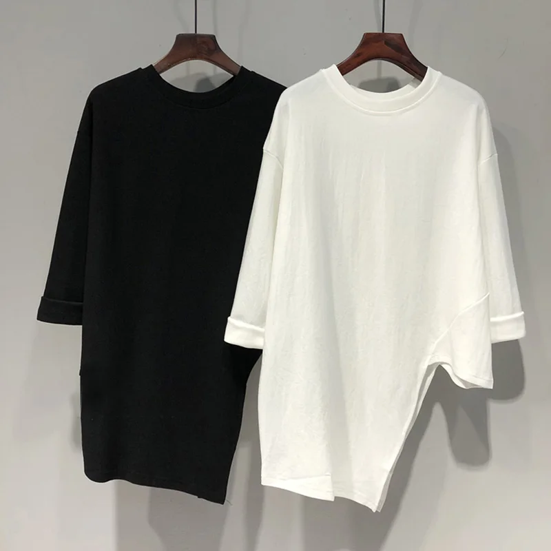 

2021 Autumn New Solid Color Loose Korean Style Single Slit Left and Right Asymmetric Mid-Length Niche T-shirt Top for Women