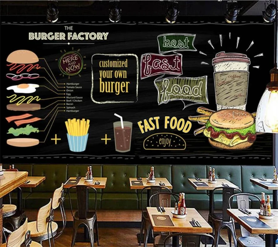 

Custom wallpaper 3d murals European and American hand-painted burger fast food restaurant snack bar sofa background wall paper