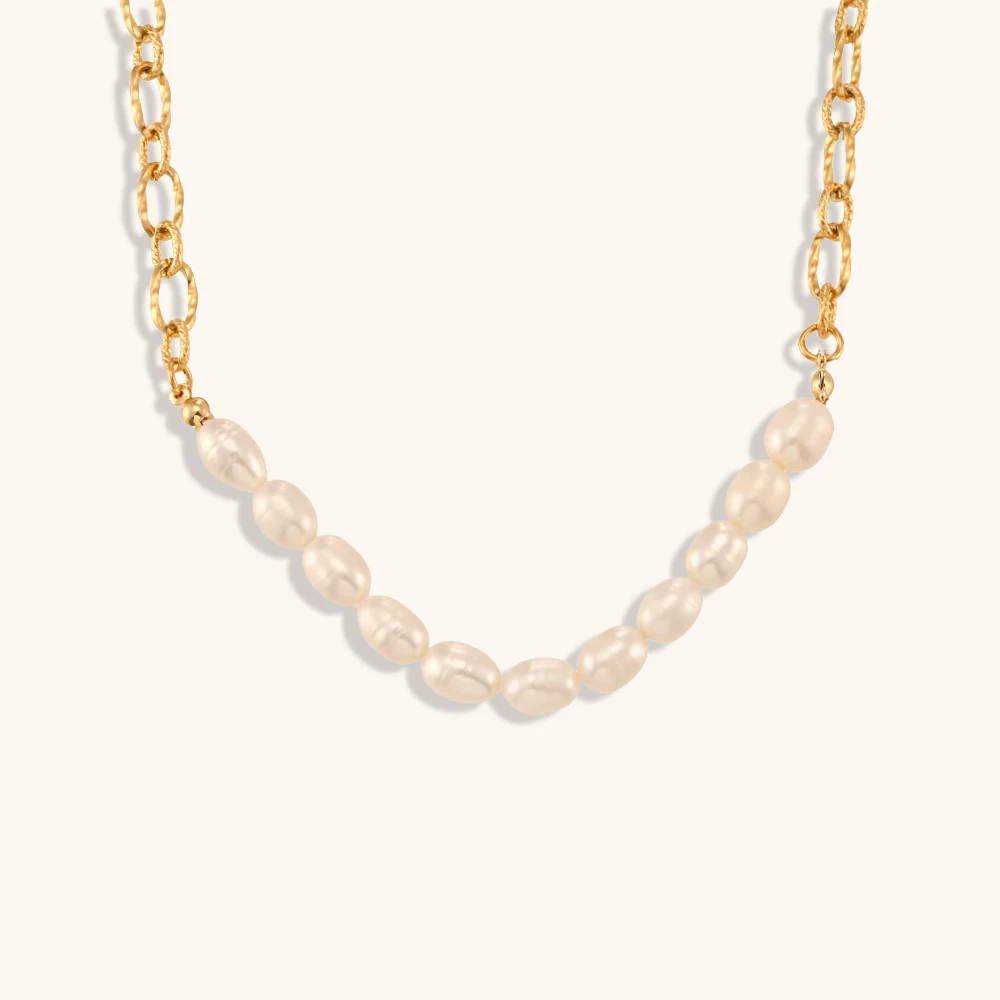 

18K Gold Plated Natural Freshwater Pearl Half Link Chain Necklaces Stainless Steel Choker Necklace for Women Party Dress Jewelry