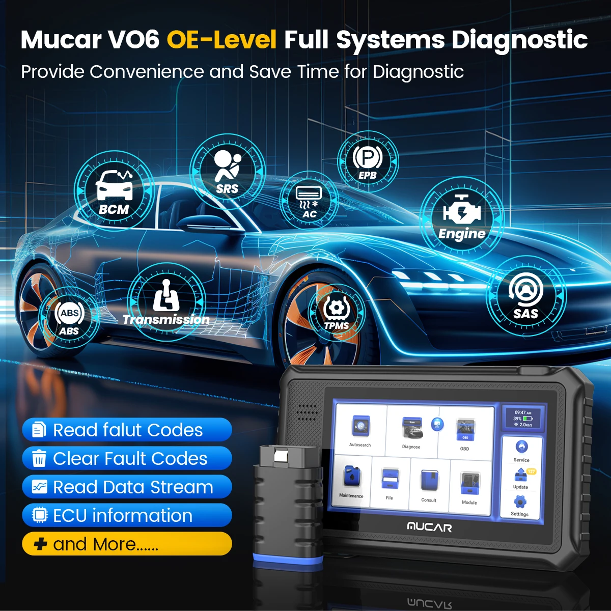 Фото Бесплатное пожизненное обновление сканера MUCAR VO6 OBD2, все системы, диагностика 28, сброс автоматического VIN EPB/BMS/SAS/ABS Sevice для всех автомобилей №3