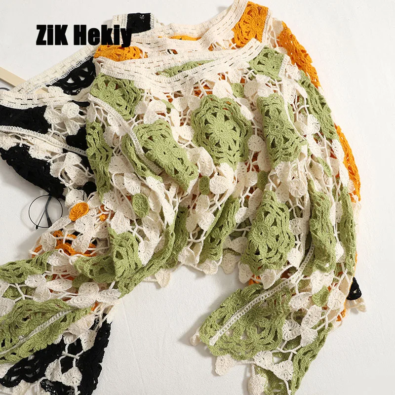 

Zik Hekiy Women Loose Crochet Hollow Long-Sleeved Knitwear Women Autumn New Round Neck Collar Collision Color Short Section Top