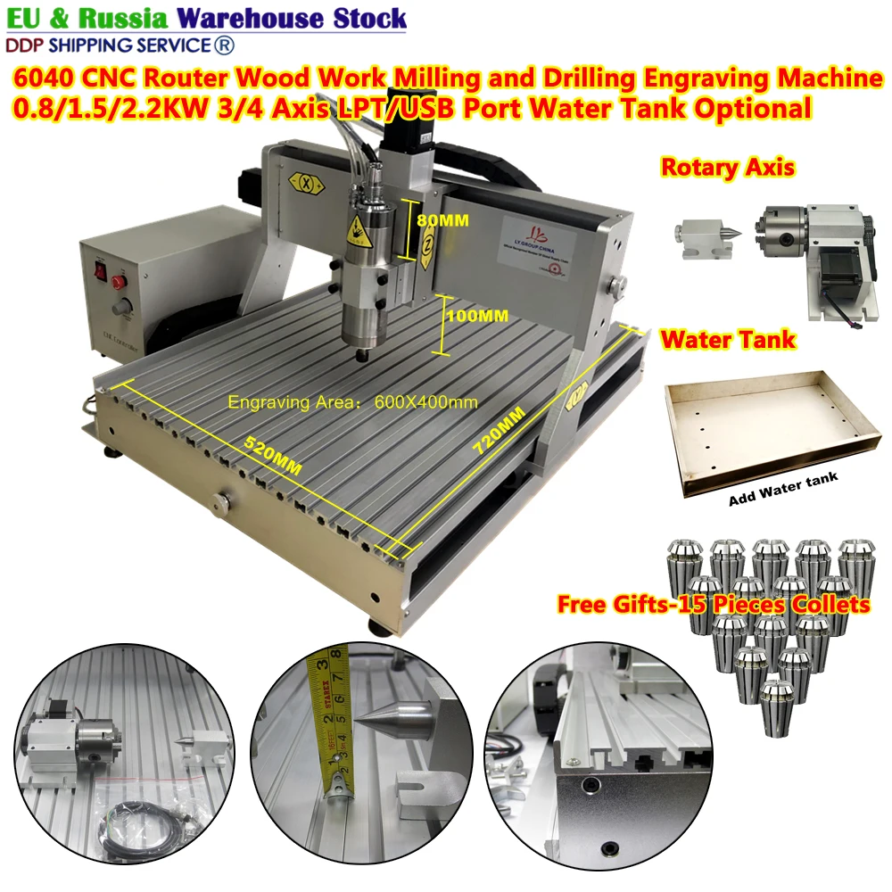 

Metal CNC 6040 Router Wood Milling Engraving Machine With 4 Axis Rotary Water Tank Gifts 1.5/2.2KW Drilling Engraver 220V 110V