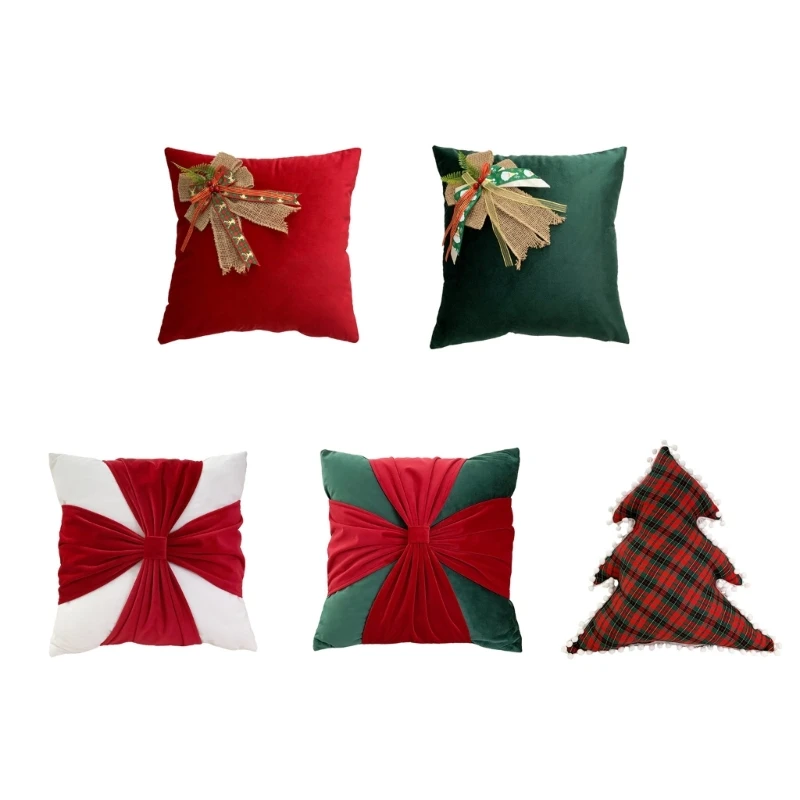 

T5EF Christmas Pillow with Insert Cute Handmade Bowknot Decorative Velvet Throw Cushion Winter Holiday Decoration for Home