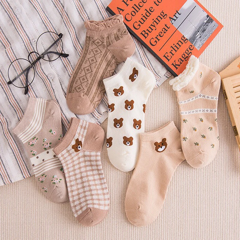 

Ins Style Korean Cute Cartoon Bear Thin Sock Women Ankle Socks Cotton Thin Short Casual Boat Socks Harajuku Носки A Pair Random