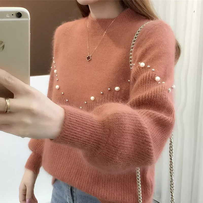 

NEW 2023 new half turtleneck solid color bead pullover sweater women autumn winter loose version bottoming sweater jumper