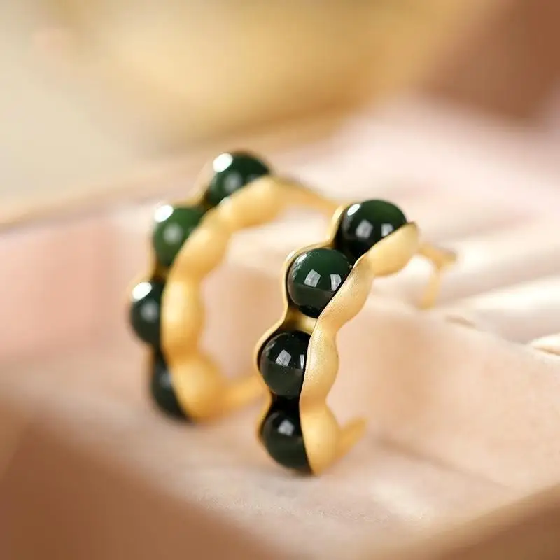 

S925 Sterling Silver Jasper Stud Earrings Sauteed Green Beans Lucky Bean Stud Earrings High-End Earrings Eardrops Ornament Women