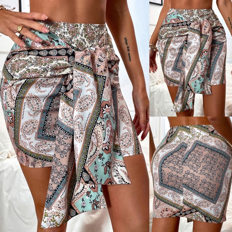 

Women High Waist Vintage Paisley Floral Print Mini Bodycon Skirt Tie Up Bowknot Sexy Package Hip Self Belted Clubwear