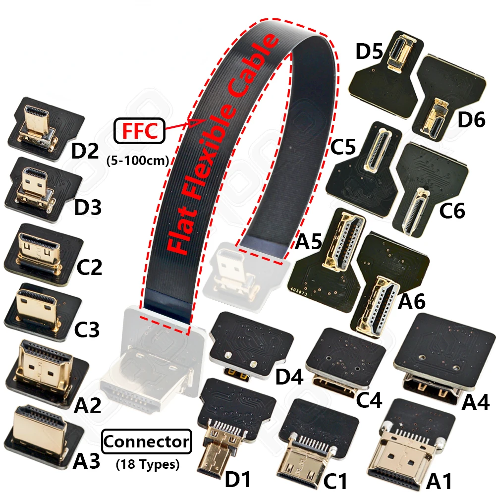 

FPV HDMI-Compatible Connector Flexible Flat Cable Raspberry Pi 4 Micro HDMI to HDMI/Mini HDMI Female 90 Degree FFC 20pin