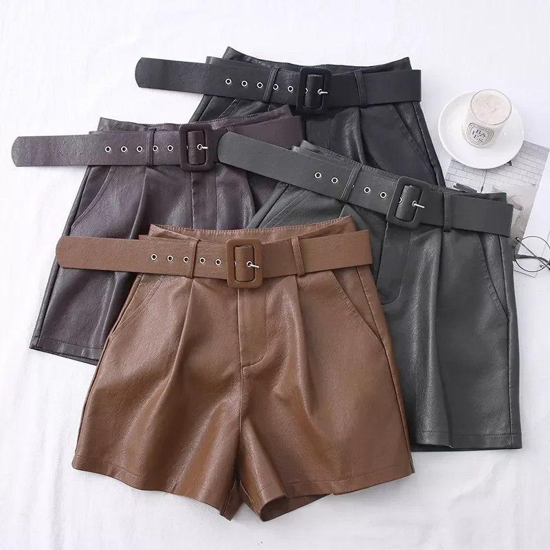 

2022 New PU Leather Shorts Women Shorts All-match Sashes Wide Leg Short Ladies Sexy Leather Shorts Autumn Winter