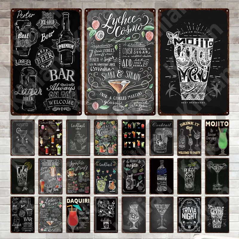 

Cocktail Metal Sign Mojito Menu Beer Alcoholic Beverages Metal Poster Iron Painting Vintage Plaque for Bar Pub Club Decoration
