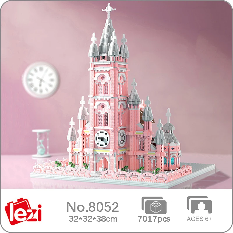 

Lezi 8052 мировая архитектура данан розовый собор церковные часы башня дворец DIY строительные блоки игрушка без коробки