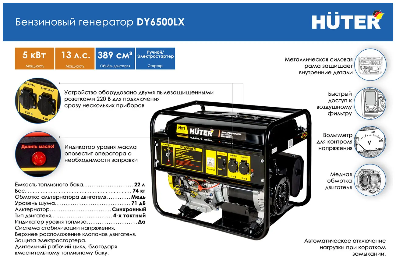 Электрический генератор и электростанция Huter DY 6500 LX- электростартер - купить по
