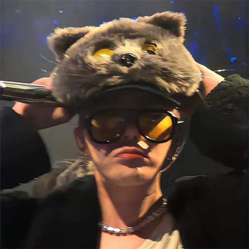 Фото Кепка HOT Kpop Bigbang GD Same Плюшевая шляпа Концертная G-DRAGON Серые кошки Серьги Волокна Милые животные Унисекс Хип-хоп Панама Подарок №2