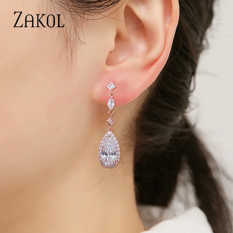 ZAKOL новые AAA + капли воды кубического циркония длинные висячие серьги для женщин
