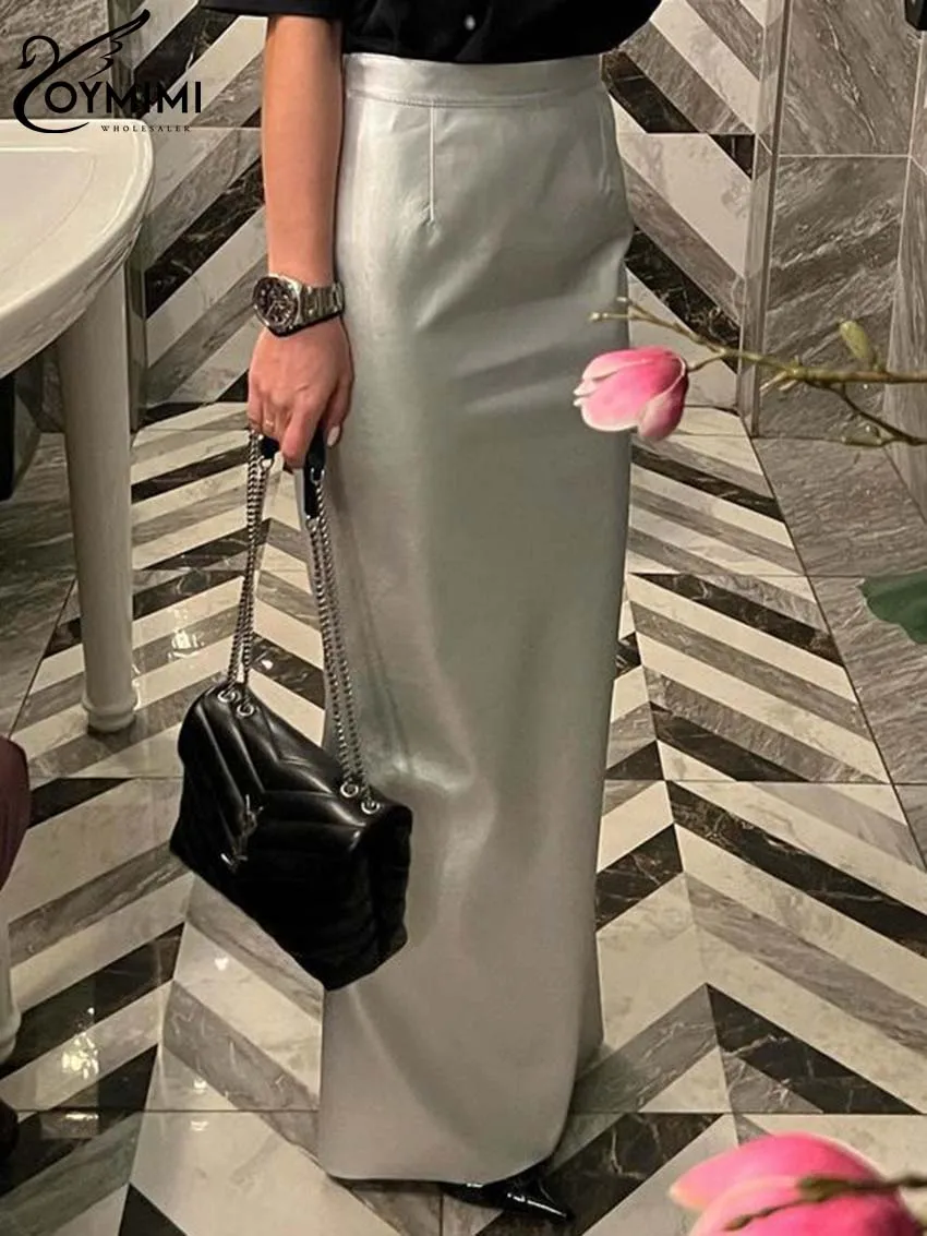 

Oymimi Fashion Silver Pu Leather Skirts For Woman Elegant High Waisted Straight Skirts Casual Slim Floor-Length Skirt Party Club