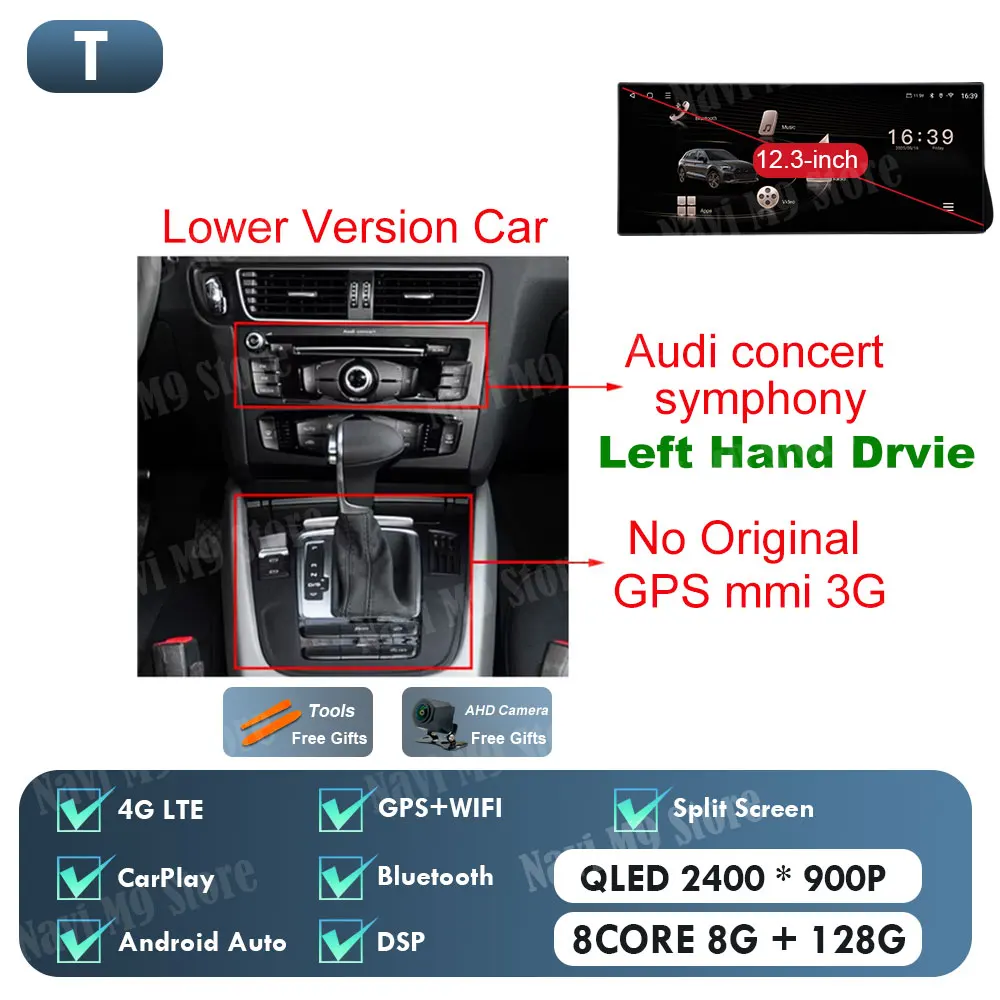 

Автомобильная мультимедийная стереосистема Android 14 для Audi Q5 2009-2017 Беспроводной CarPlay GPS Navi GPS-радиоплеер Bluetooth QLED Сенсорный экран