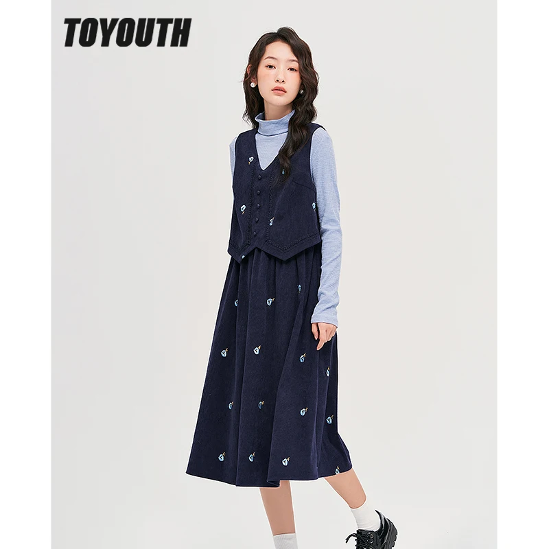 Toyouth Women Fake Two Piece Dress 2022 Autumn Sleeveless V Neck Irregular Patchwork Tank Dress Elegant Midi Skirt