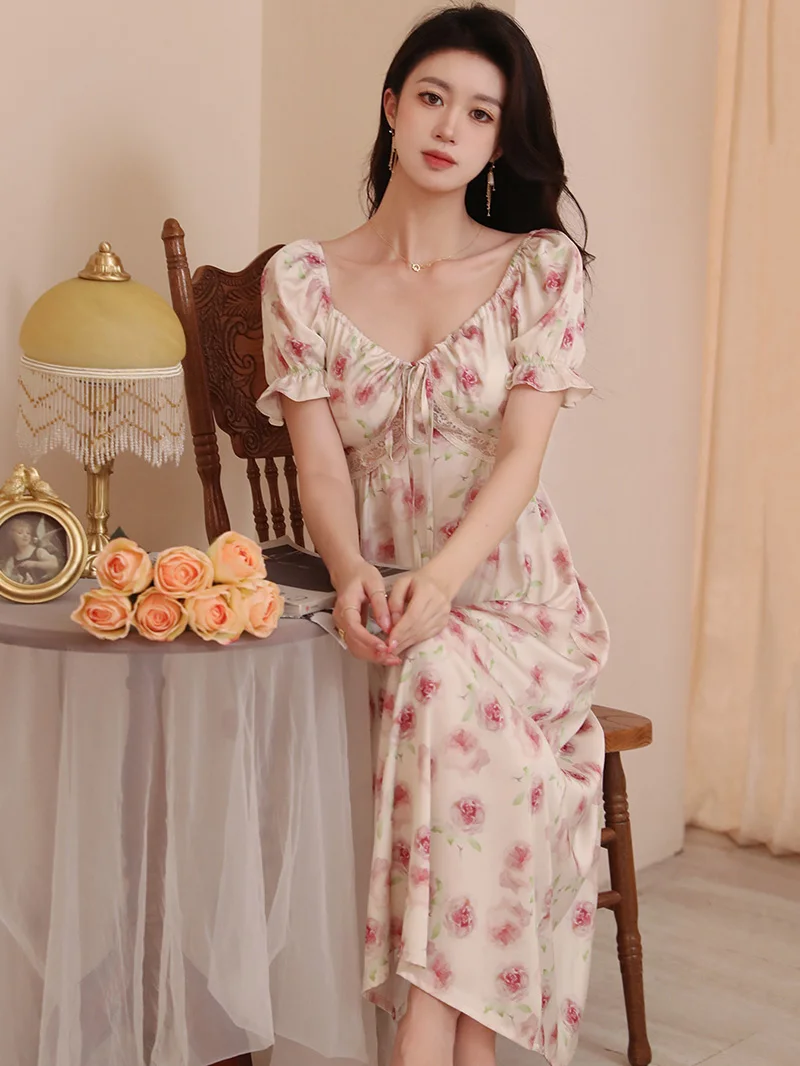French Princess Nightgowns Pajamas Sleepwear Women Silk Summer Short Sleeve Lace-up Rose Printed Fairy Ruffles Sweet Night Dress