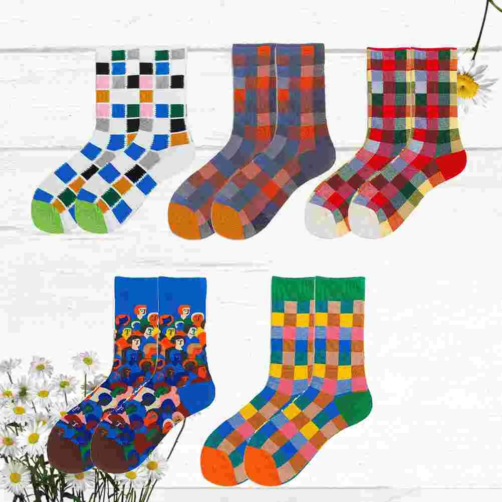 

5 Pairs of Colorful Plaid People Head Socks Simple Knee-High Cotton Stockings for Women Girl Cute Women's