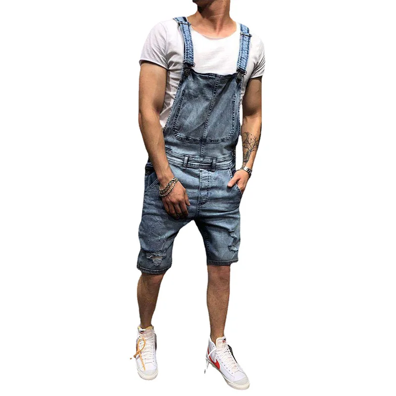 Men's Suspender Denim Jumpsuit Fashionable Holes Jeans Shorts Popular Overalls Knee Length Bibs Cargo Pants