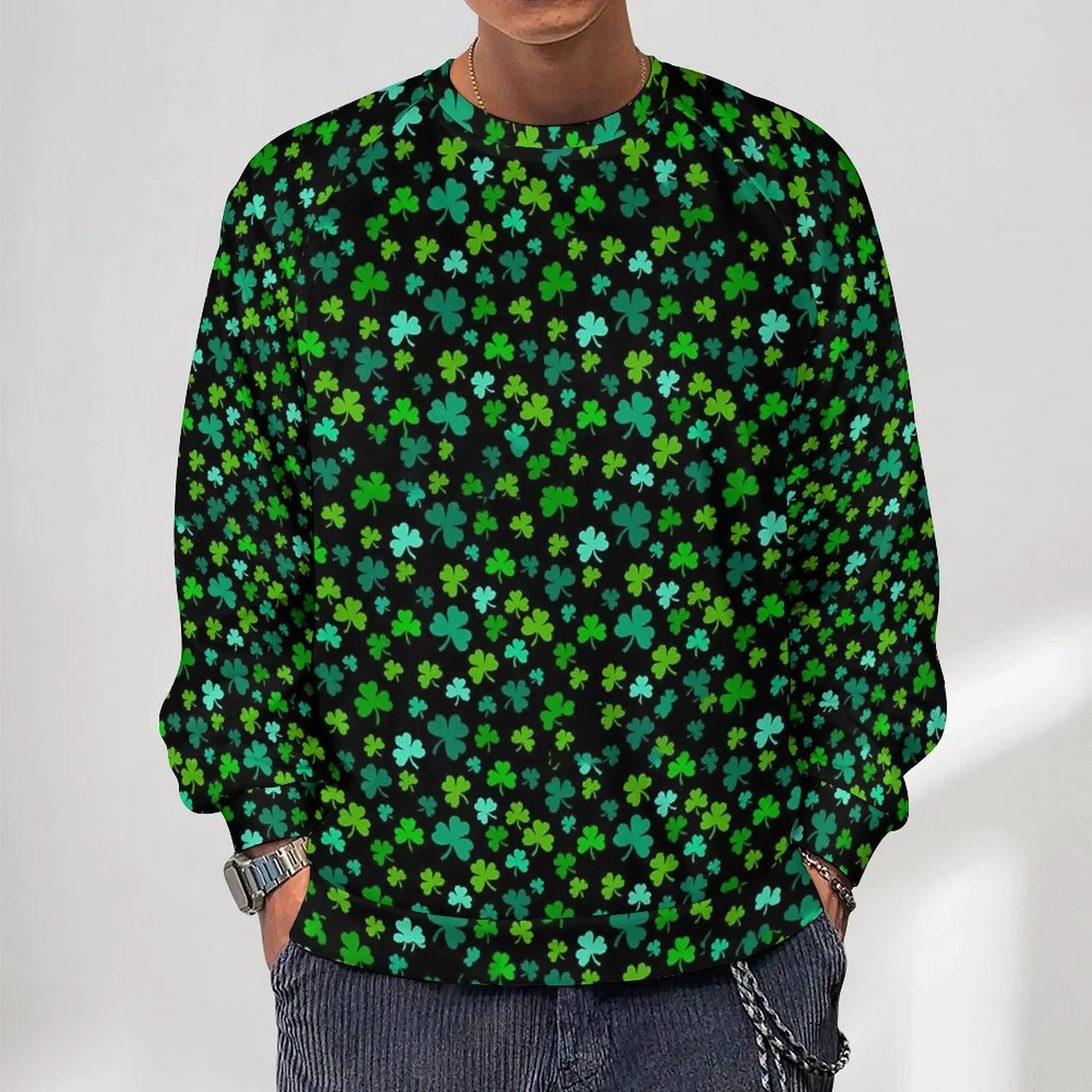 

Bright Green Shamrock Casual Sweatshirts Leaves Print Trendy O Neck Hoodies Spring Long Sleeve Outerwear Oversized Hoodie Gift