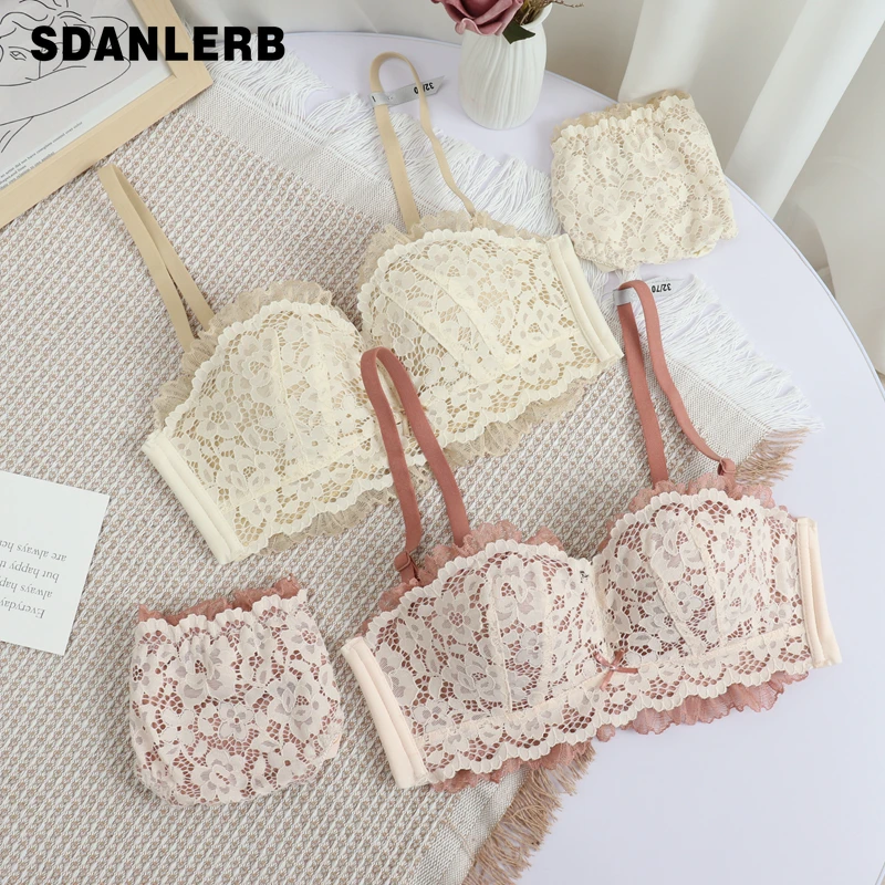 

Girl's Underwear Thin Adjustable Chest Push Up Bra Sexy Sling All-matching Wireless Sweet Lace Bra Briefs Set Bikini Outfits