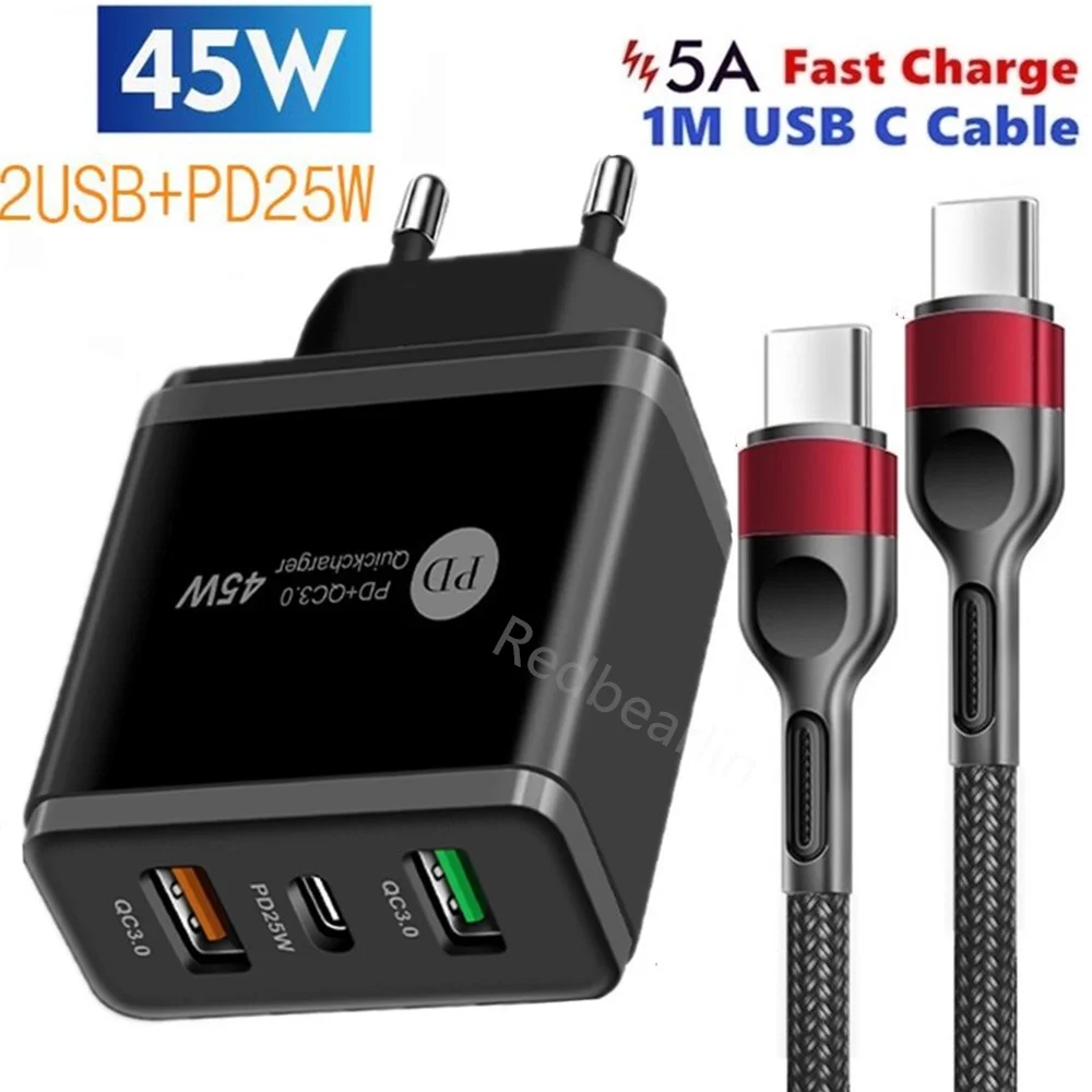 

Сетевое зарядное устройство с двумя USB-портами и поддержкой быстрой зарядки, 45 Вт