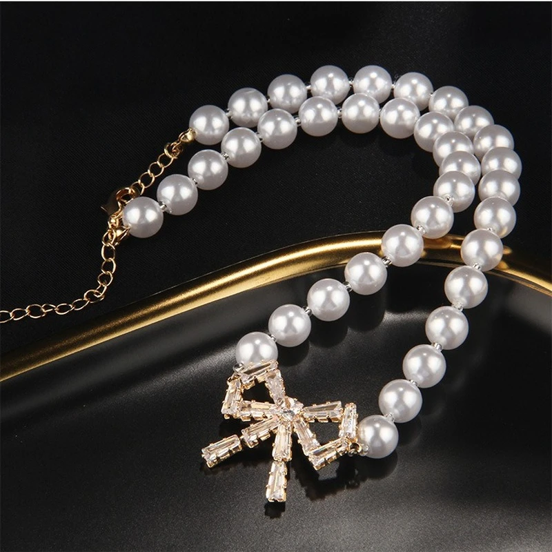 Корейские элегантные жемчужные бусы ожерелье для женщин модное Стразы с бантом