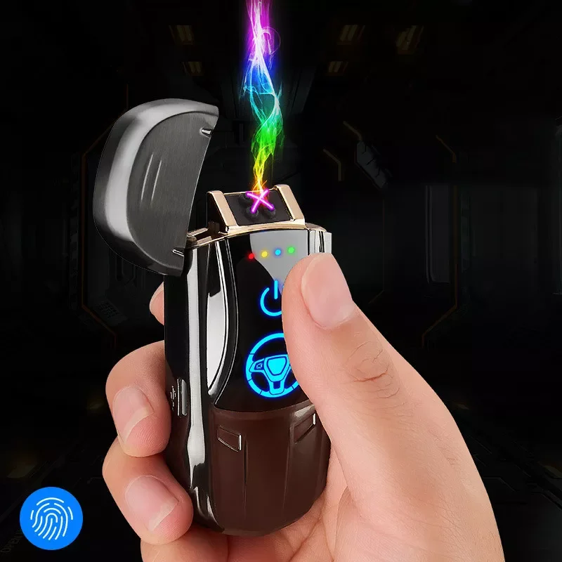 

Creative Metal Windproof Outdoor Plasma Pulse Double Arc USB Lighter Fingerprint Touch Sensing LED Power Display Sports Car Gift