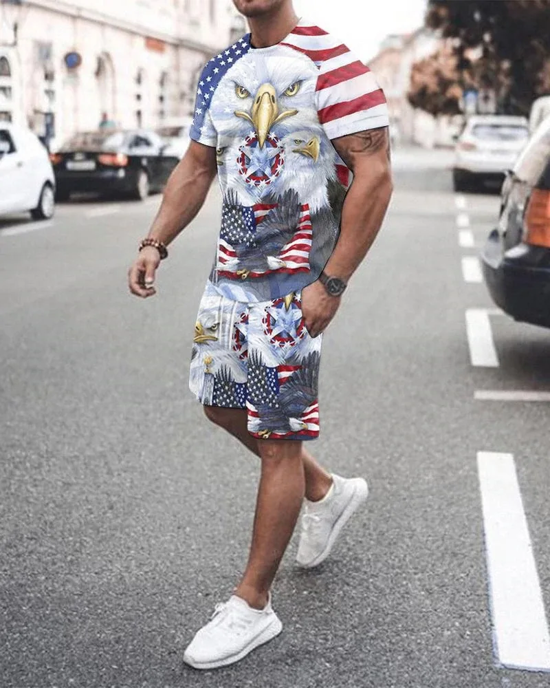 USA Flag Pattern Summer Tracksuit Men American T Shirt Set Make America Two Piece Set Outfit Male Clothing Shorts Oversized Suit