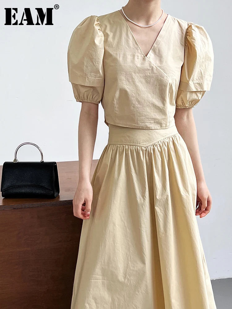 

[EAM] Half-body Skirt Bandage Shirt Two Pieces Suit New V-Neck Short Sleeve Women Fashion Tide Spring Summer 2023 1DF8819