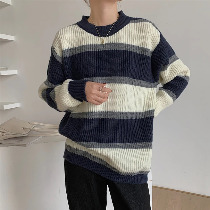 

Fashion Striped Women Sweater Loose Pullover O Neck Knitted Female Jumper Winter Long Sleeve All Match Ladies Oversize Coat