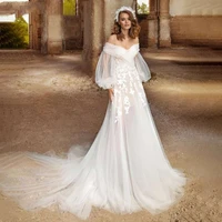 modern boat neck backless wedding dress with long lantern sleeve boho tulle bridal gown lace appliques zipper vestidos de novia