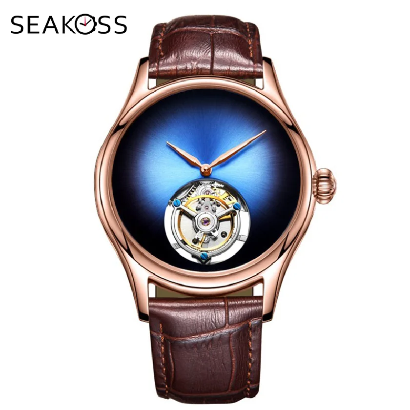 

Seakoss Men Tourbillon Mechanical Watch Rose Gold Sapphire Dial Analog Clock Crocodile Leather Mens Skeleton Wrist Watches