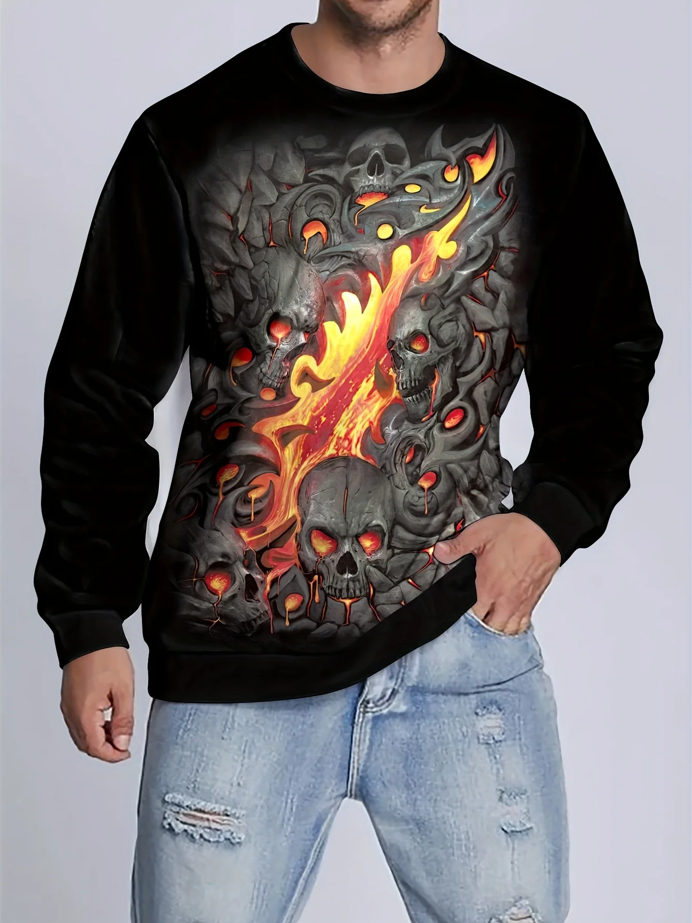 

Мужской свитер с круглым вырезом Skeleton element, Новинка осени 2023, модный и удобный свитшот с бархатной подкладкой, с потертостями