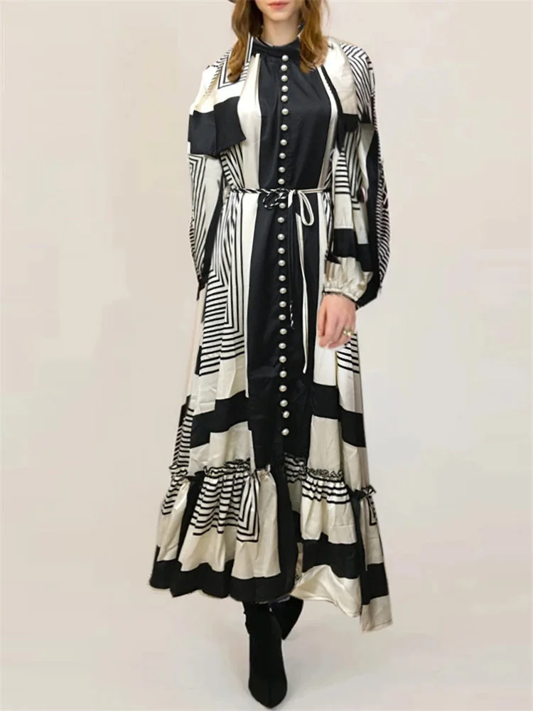 

COIGARSAM женское платье миди с принтом, новинка 2023, модное офисное однобортное кружевное осеннее платье, винтажное элегантное платье