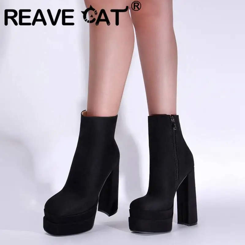 

REAVE CAT Womans Mid Calf Boots Square Toe Double Platform 5cm Chunky High Heels 15cm Zipper Sexy Booties Satin Big Size 42 43
