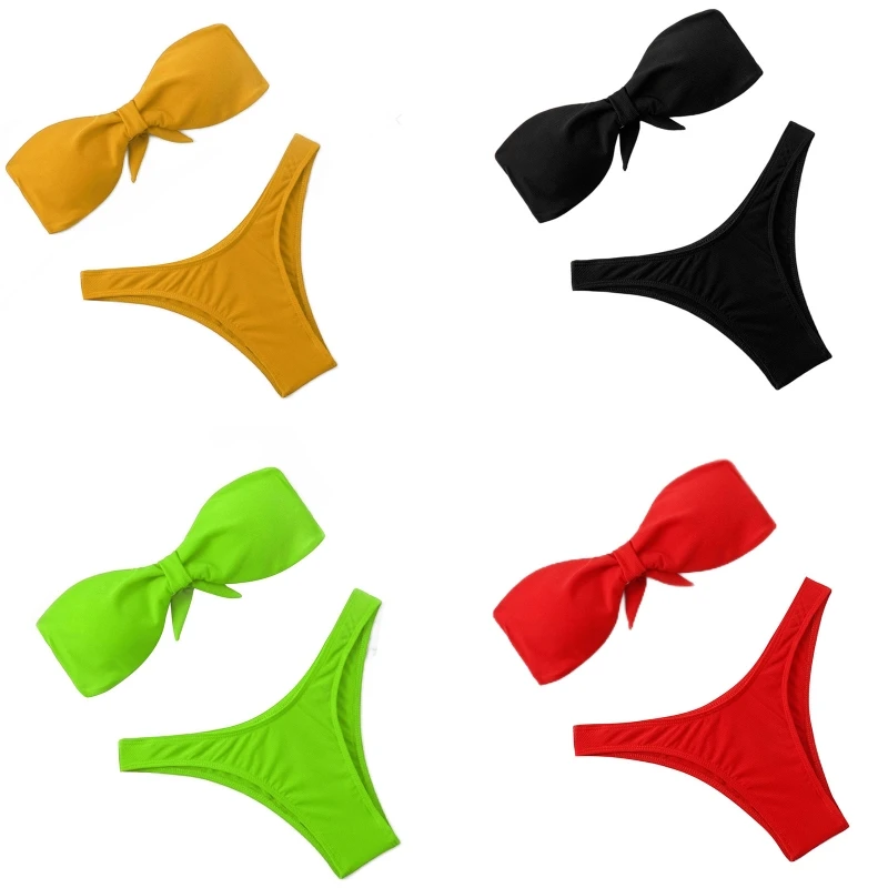 

Bandeau Bikinis Set Knotted Bow Bikini Top High Waisted Shorts for SPA