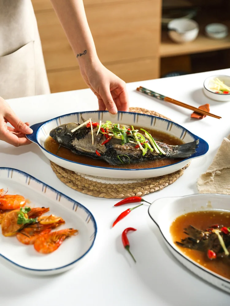 

Creative Fish Shape Dinner Plate Household Steamed Fish Dish Double Ear Oval Plate Ceramic Dishes Home hotel Kitchen Tableware