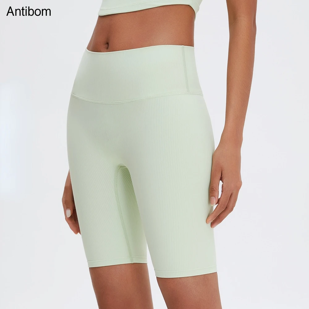 Antibom Sports Fitness Pants Women Nude Threaded Knee-Length High Waist Elastic Yoga Shorts Solid Color Joggings Training Tights