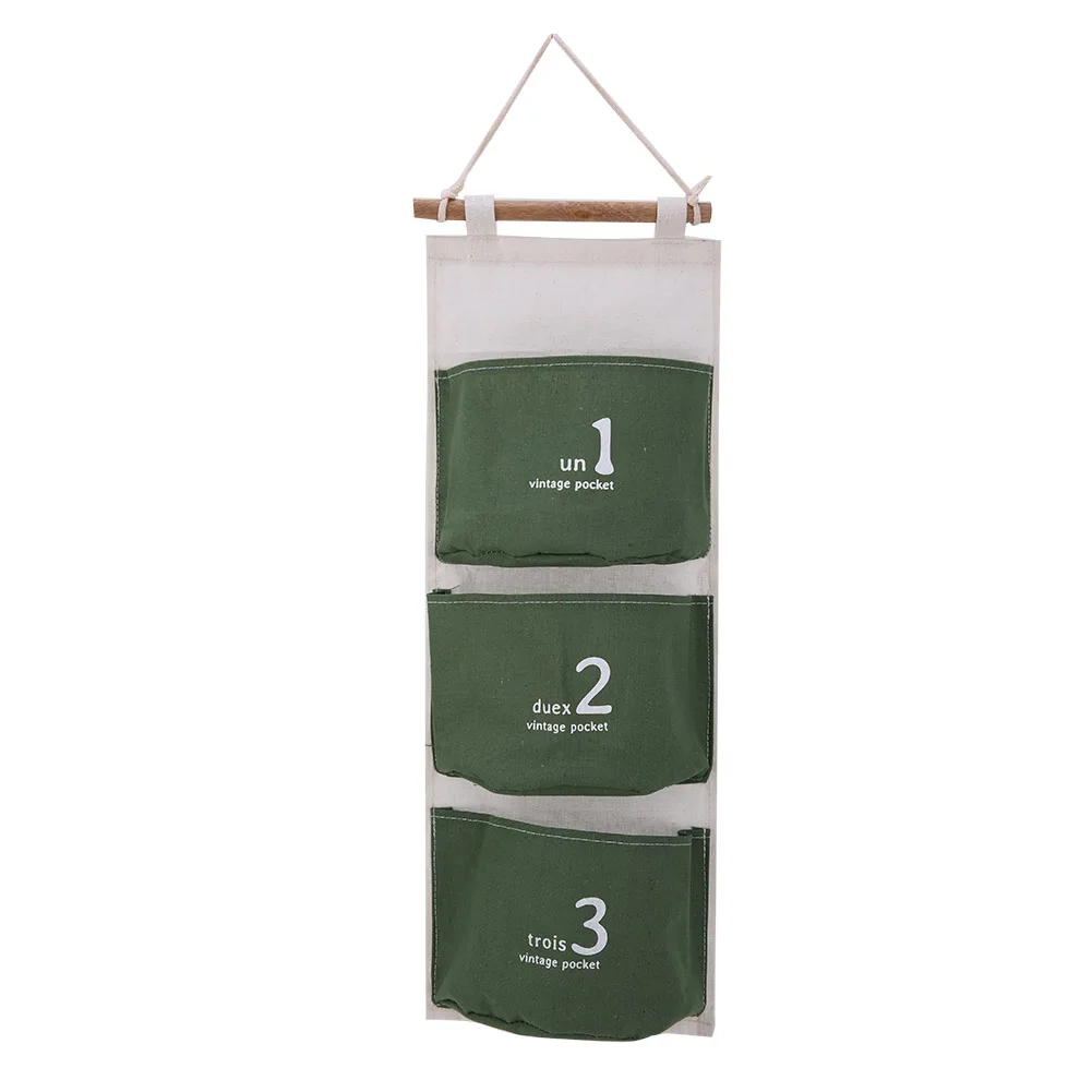

3 Pockets Number Pattern Cotton Linen Hanging Bag for Home Wall Door Decoration (Green)